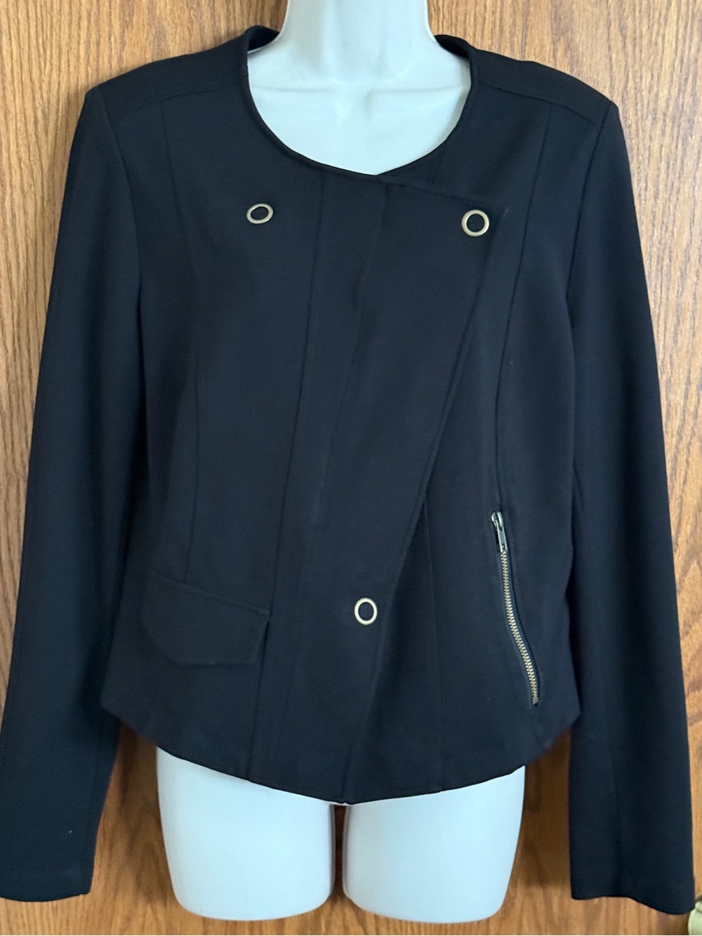 CAbi Black Asymmetrical Ponte Knit Moto Jacket Style 615 Women's Size Lg Jr's?